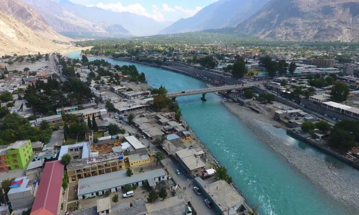 Gilgit town beside the Gilgit River, seen from above